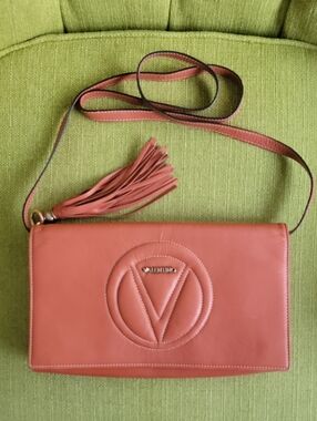 Mario Valentino Coral Pink Leather Crossbody with Tassel
